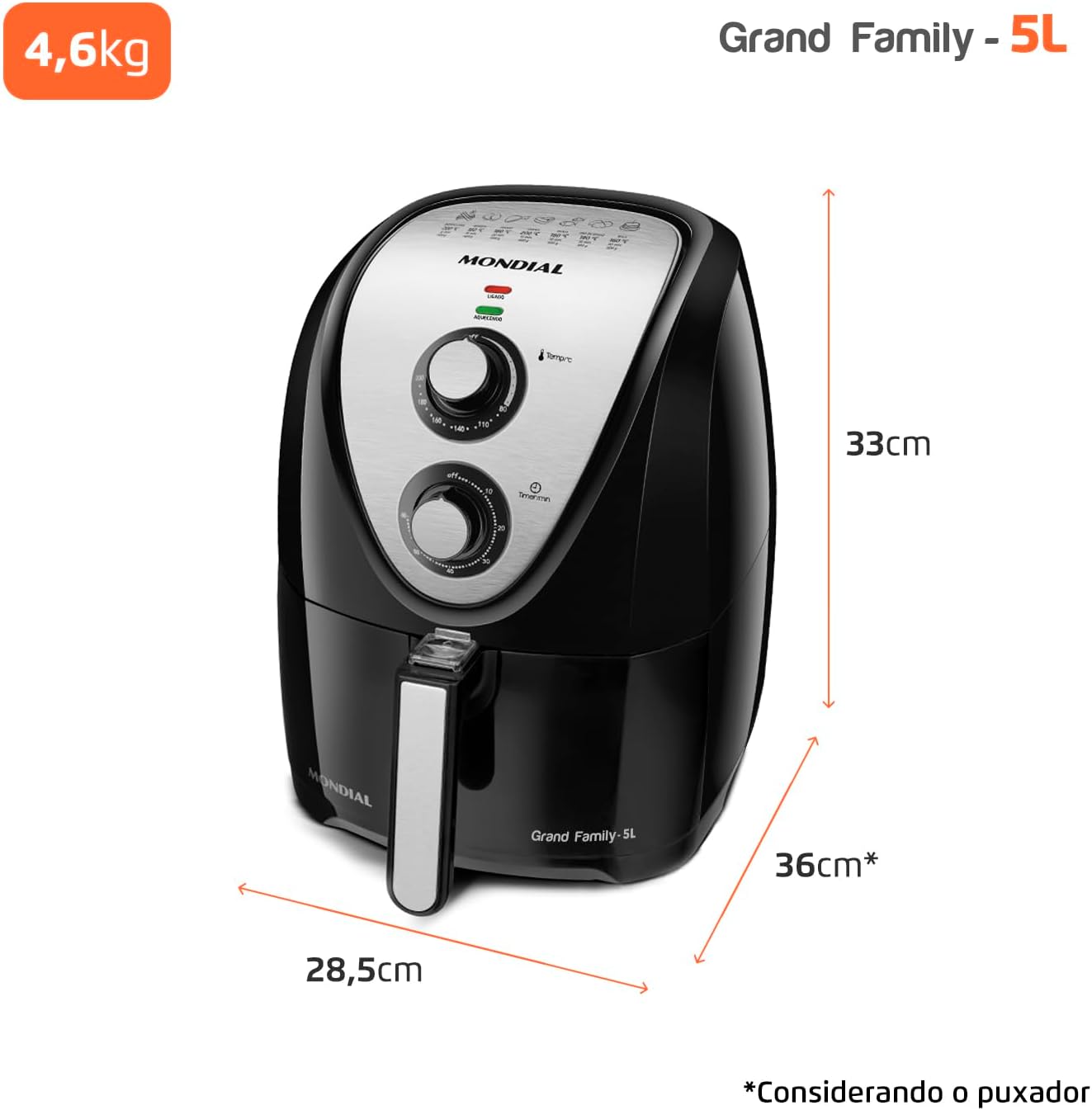 MONDIAL Grand Family Stainless Steel Oil-Free Fryer - 5L