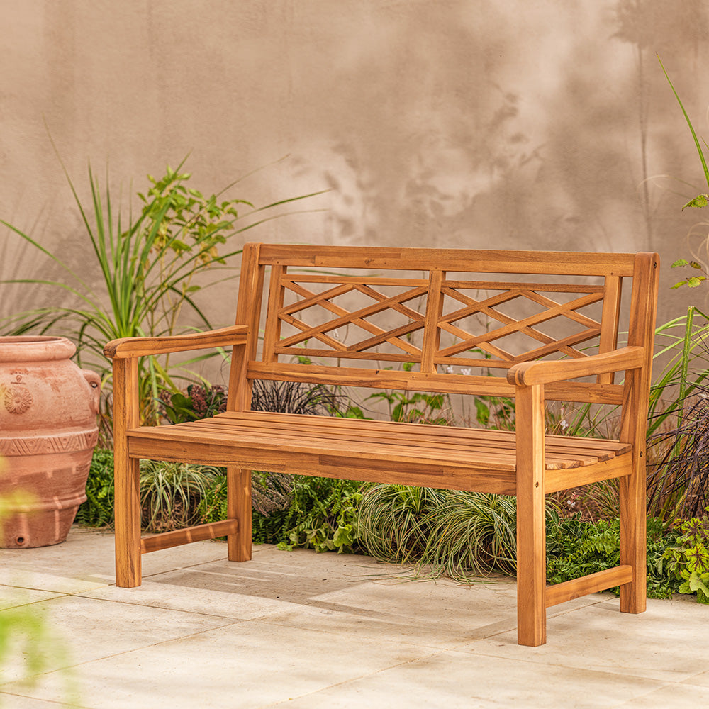 Wooden Garden Bench for Two – Classic Cross-Back Design